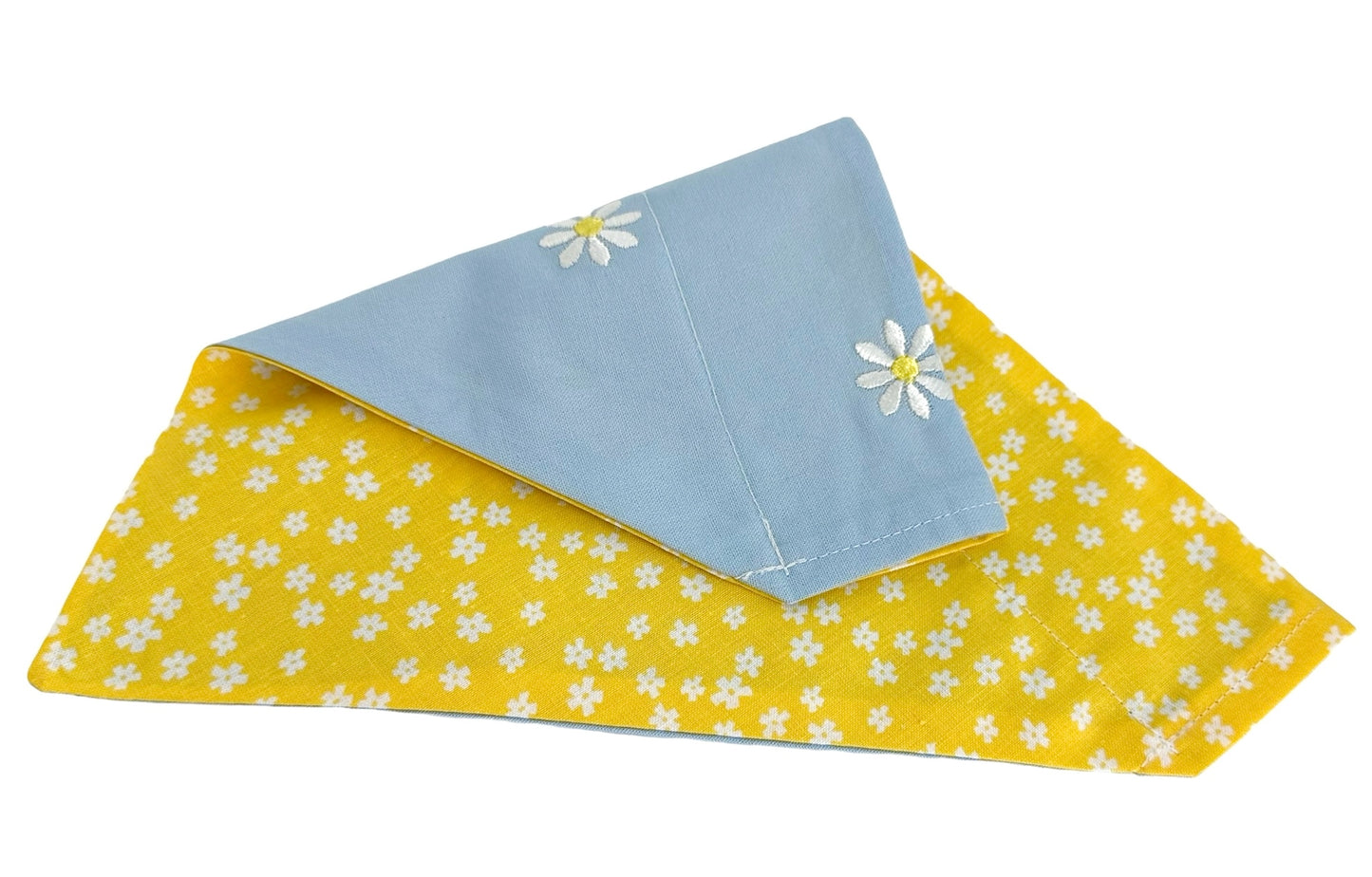 White Embroidered Daisies on Blue and Mini Flowers Handmade Reversible Slip-on Bandana