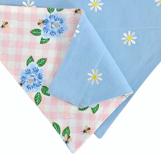 White Embroidered Daisies on Blue and Pink Picnic Handmade Reversible Slip-on Bandana