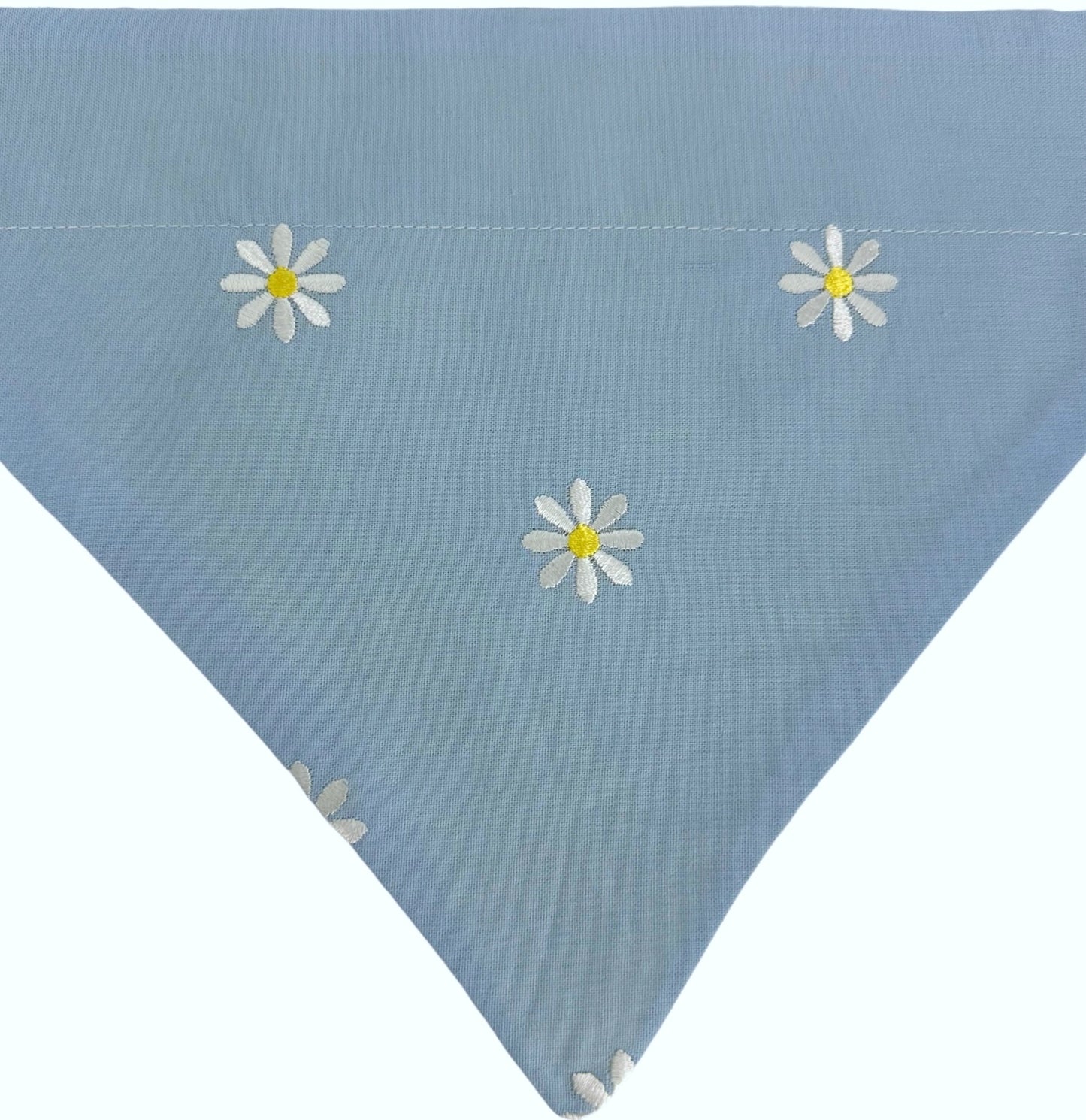 White Embroidered Daisies on Yellow and Blue Handmade Reversible Slip-on Bandana