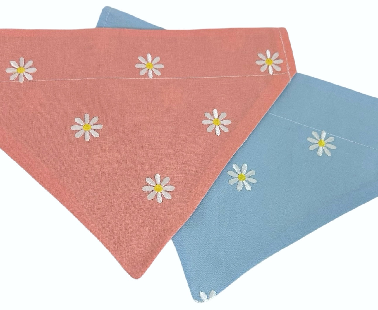 White Embroidered Daisies on Pink and Blue Handmade Reversible Slip-on Bandana
