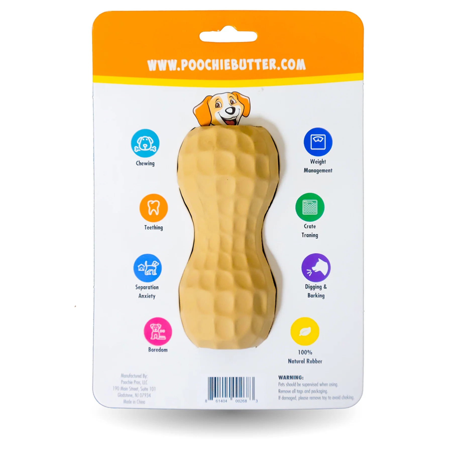 Back of tan peanut shaped chew toy filler for dogs in carboard packaging. Package shows benefits of toy including: chewing, teething, separation anxiety, boredom, weight management, crate training, digging & barking. There is a warning label that reads, "pets should be supervised when using. Remove all tags & packaging. If damaged, please remove toy to avoid choking".