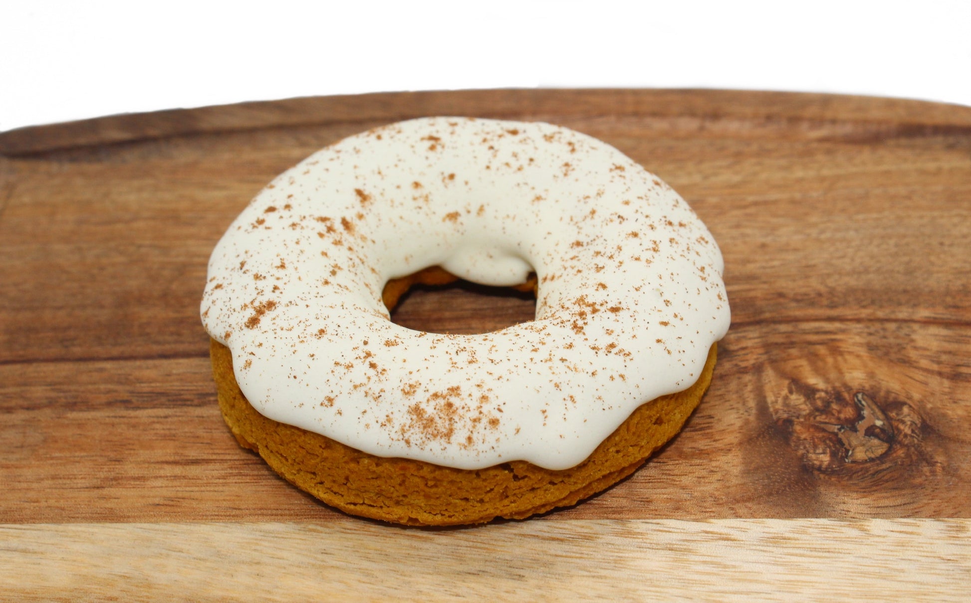 A tasty white frosted pumpkin dog donut sprinkled with cinnamon.
