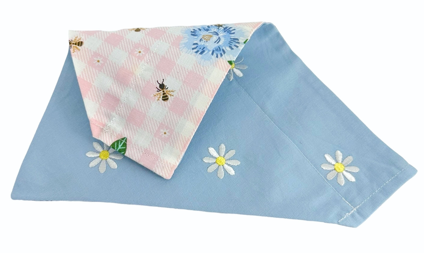 White Embroidered Daisies on Blue and Pink Picnic Handmade Reversible Slip-on Bandana