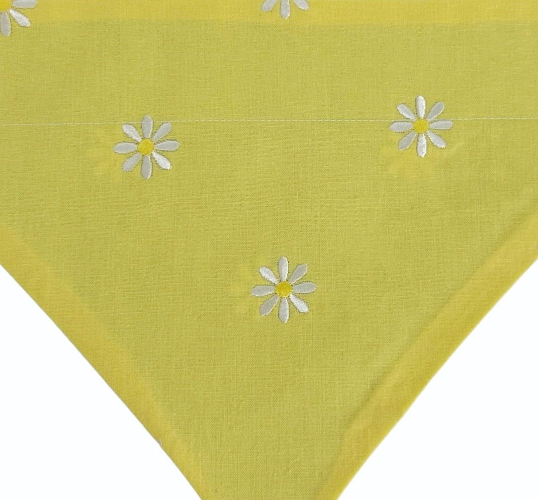 White Embroidered Daisies on Yellow and Blue Handmade Reversible Slip-on Bandana