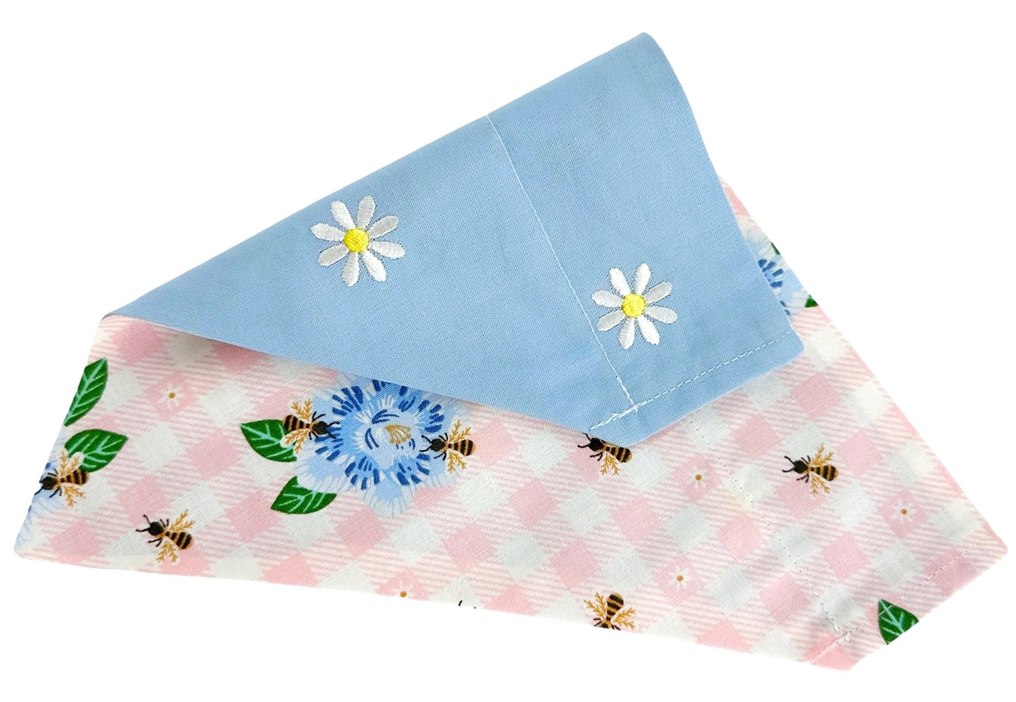 White Embroidered Daisies on Blue and Pink Picnic Handmade Reversible Slip-on Bandana