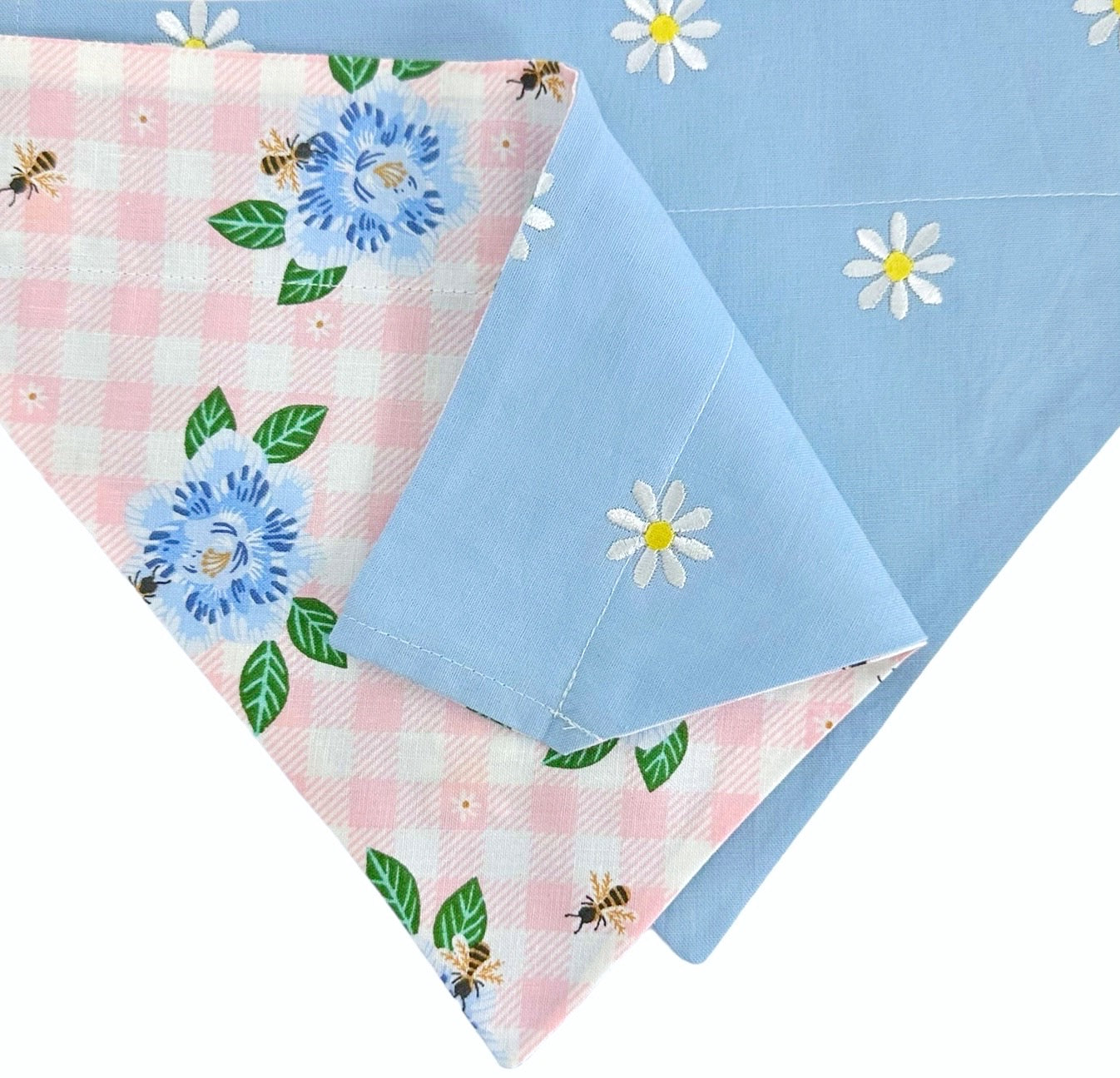 White Embroidered Daisies on Blue and Pink Picnic Handmade Reversible Slip-on Bandana