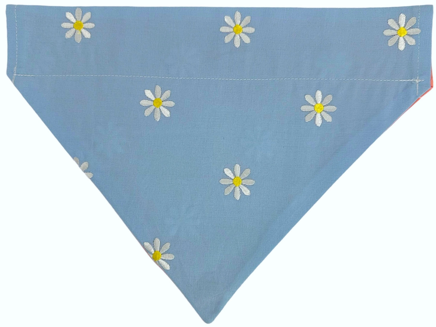 White Embroidered Daisies on Pink and Blue Handmade Reversible Slip-on Bandana