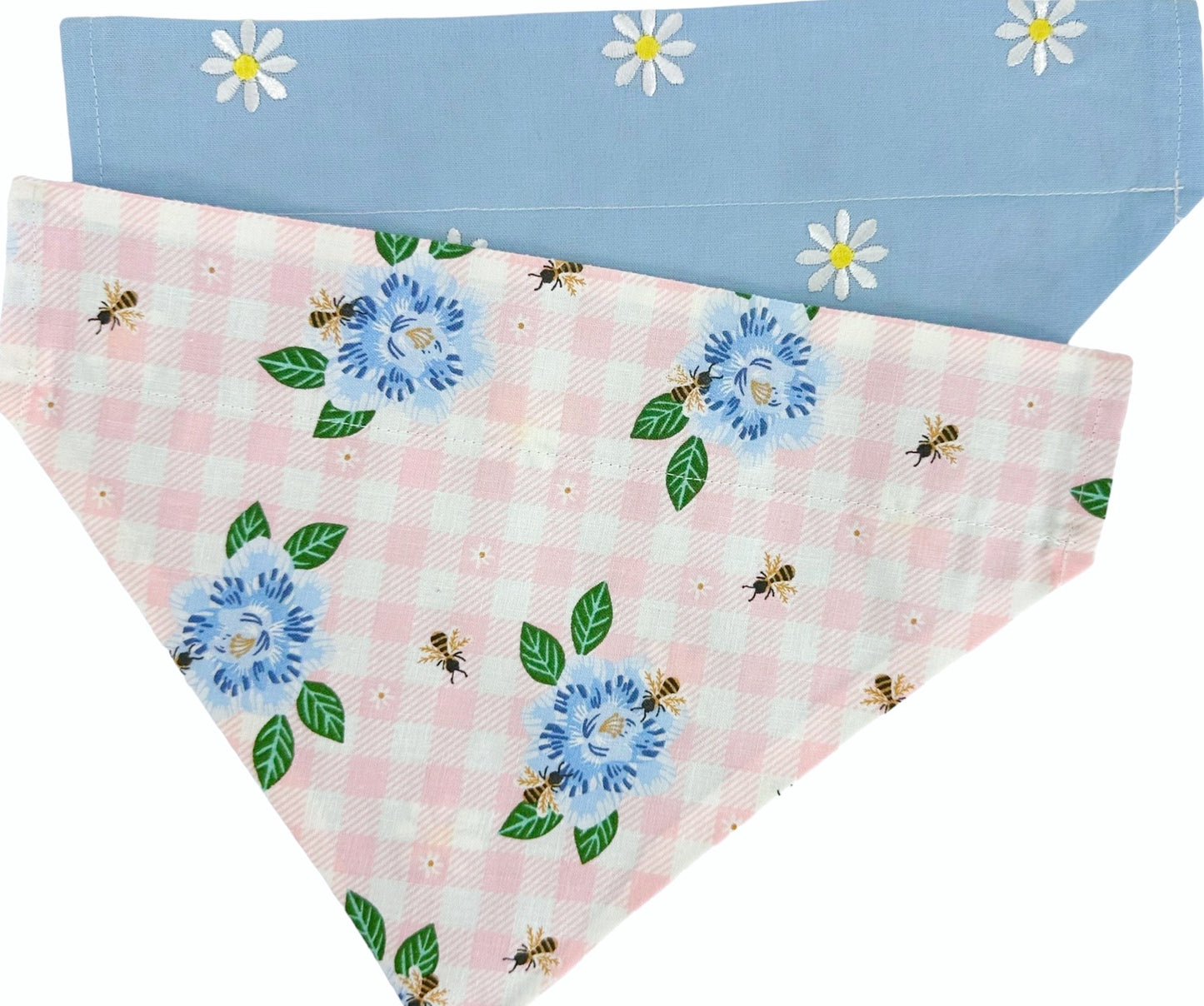 White Embroidered Daisies on Blue and Pink Picnic Handmade Reversible Slip-on Bandana