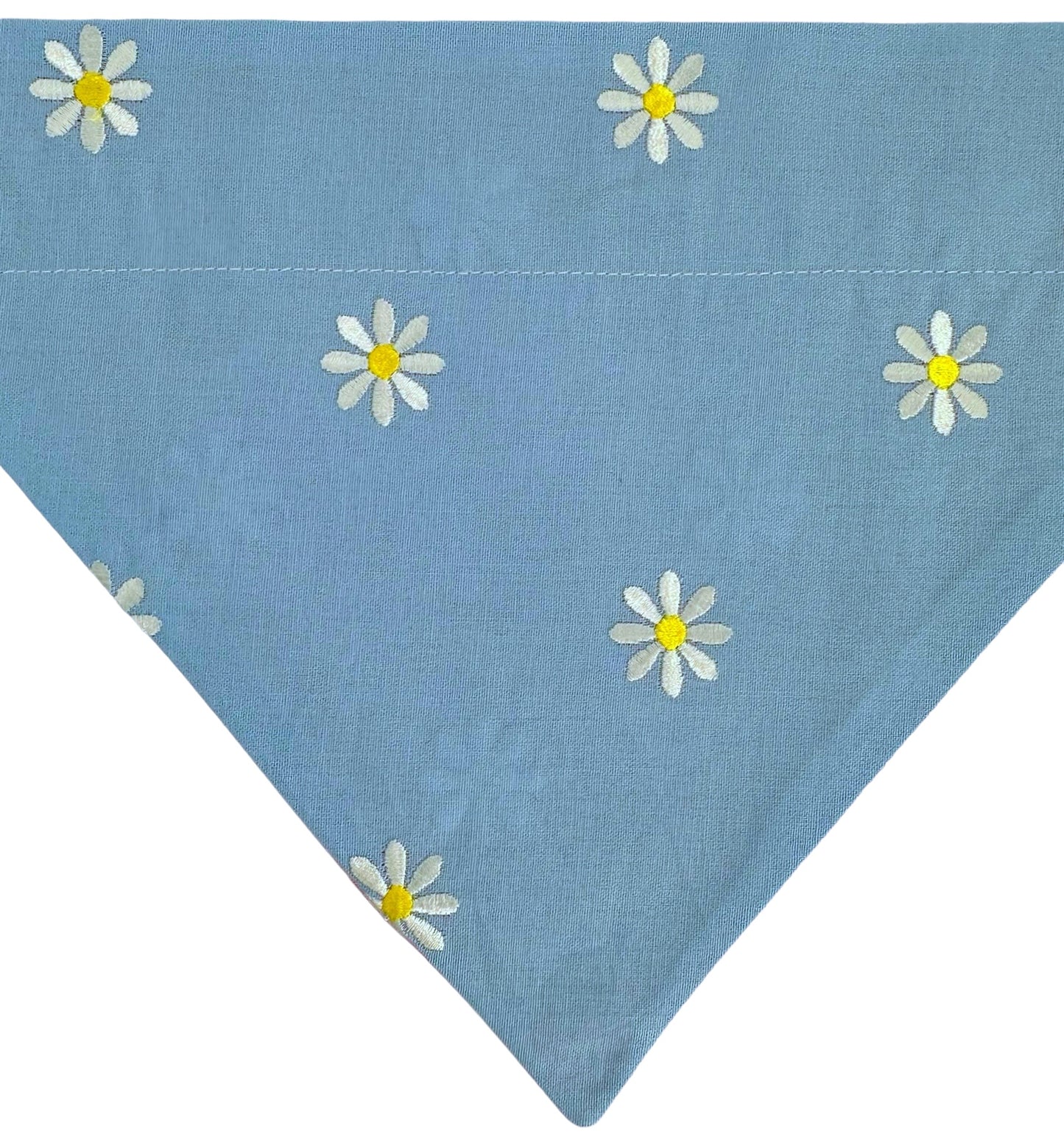 White Embroidered Daisies on Pink and Blue Handmade Reversible Slip-on Bandana