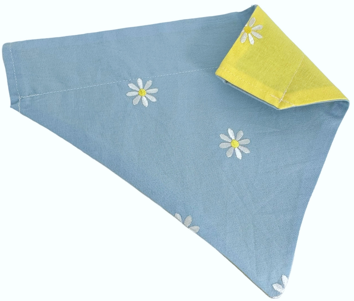 White Embroidered Daisies on Yellow and Blue Handmade Reversible Slip-on Bandana