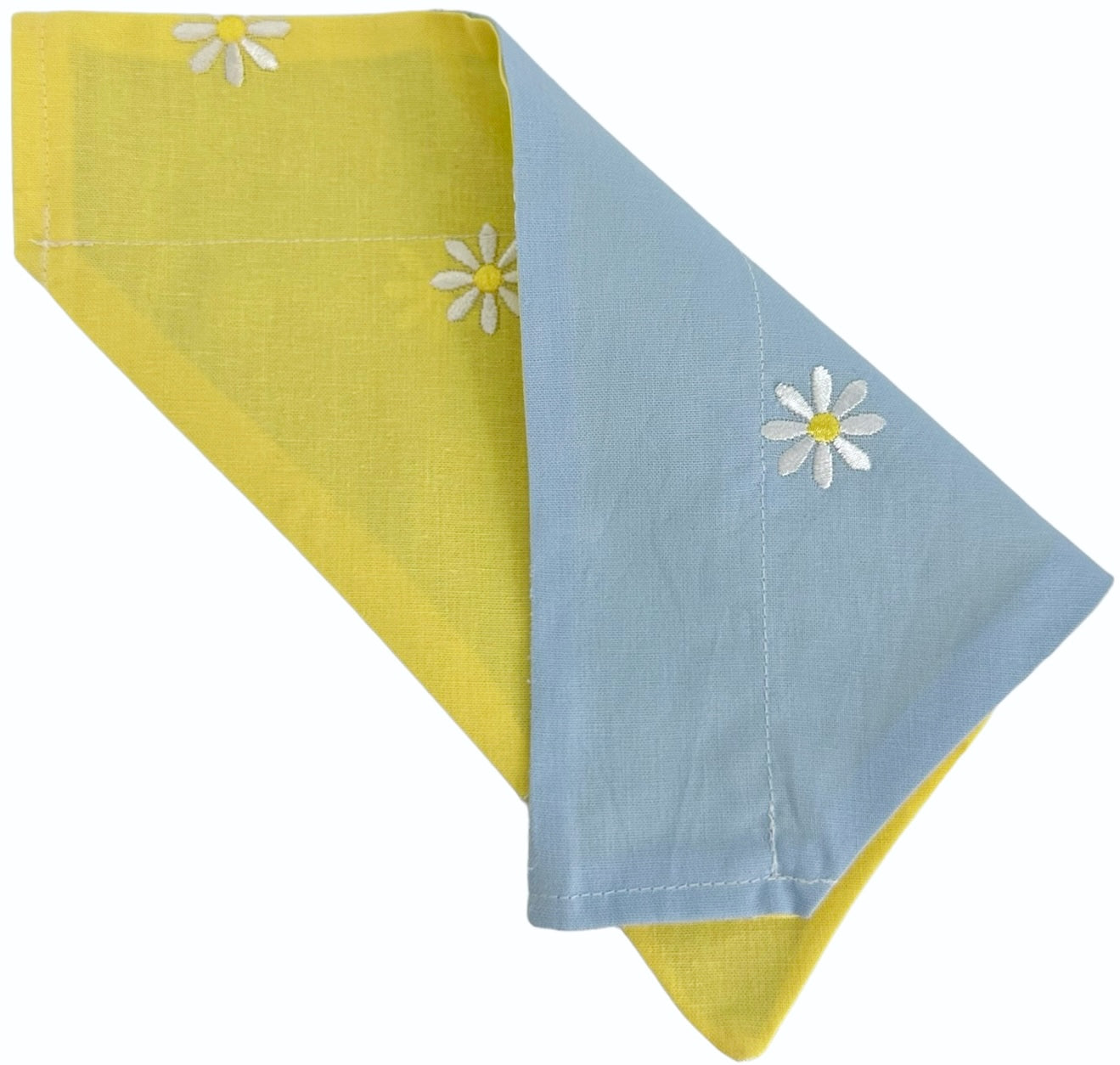 White Embroidered Daisies on Yellow and Blue Handmade Reversible Slip-on Bandana