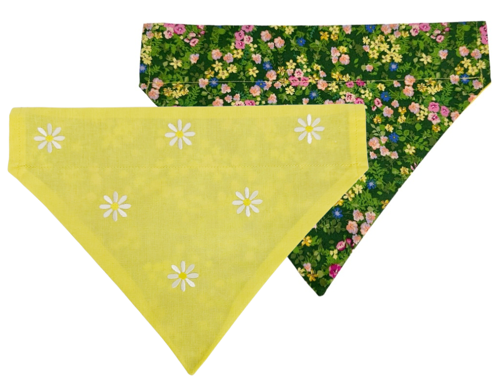 Embroidered Daisies and Forest Flowers Handmade Reversible Slip-on Bandana