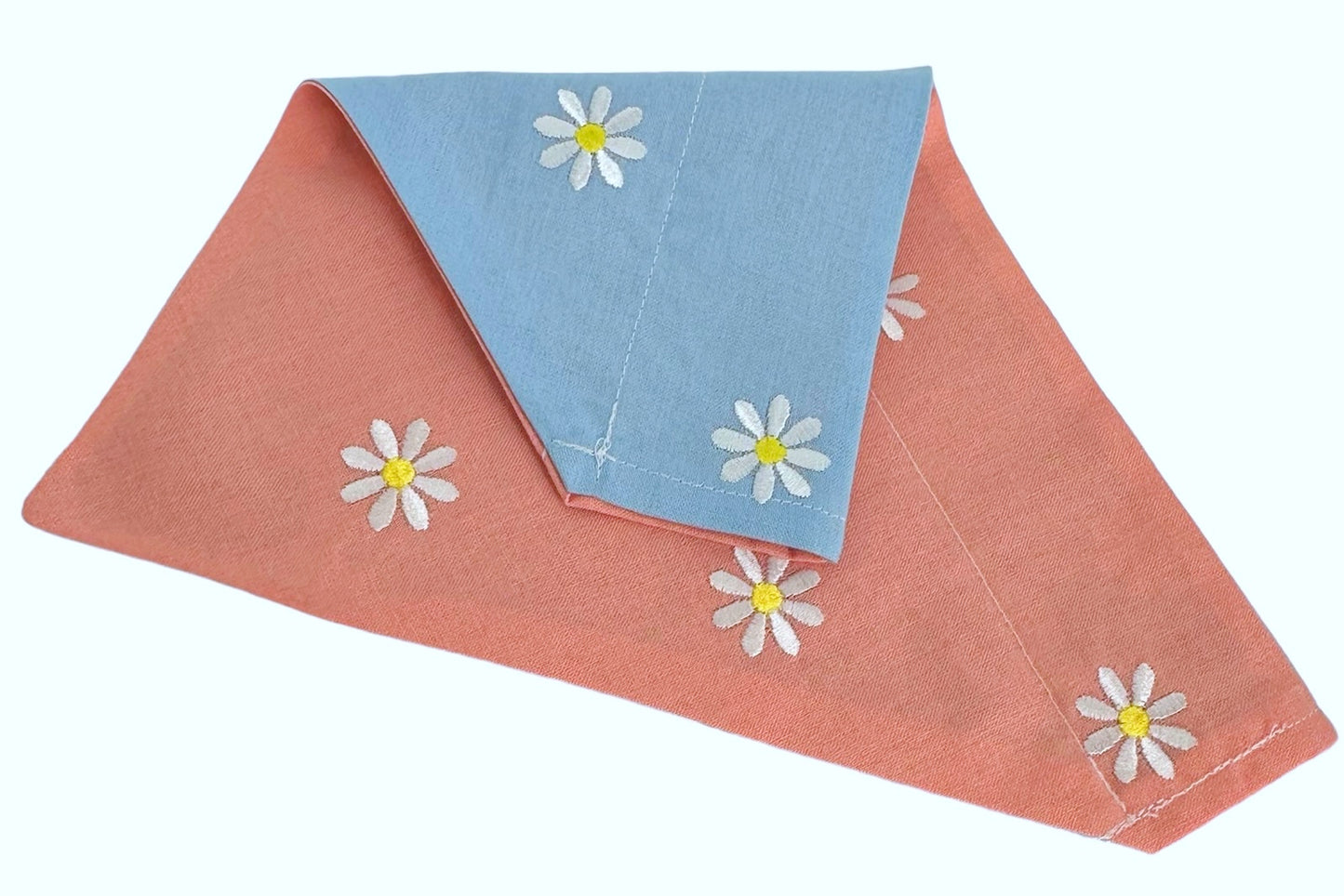 White Embroidered Daisies on Pink and Blue Handmade Reversible Slip-on Bandana