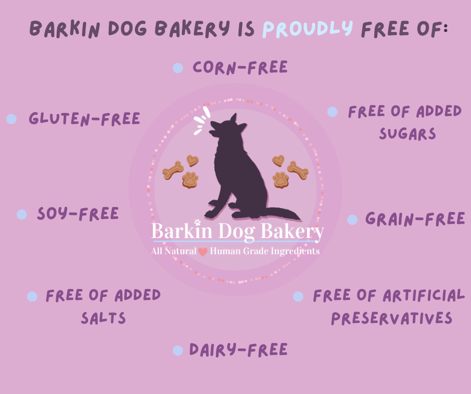 A lavender colored info chart with the Barkin Dog Bakery logo in the middle that states, "Barkin Dog Bakery Is Proudly Free Of". Corn-free, free of added sugars, grain-free, free of artificial preservatives, dairy-free, free of added salts, soy-free, and gluten-free.