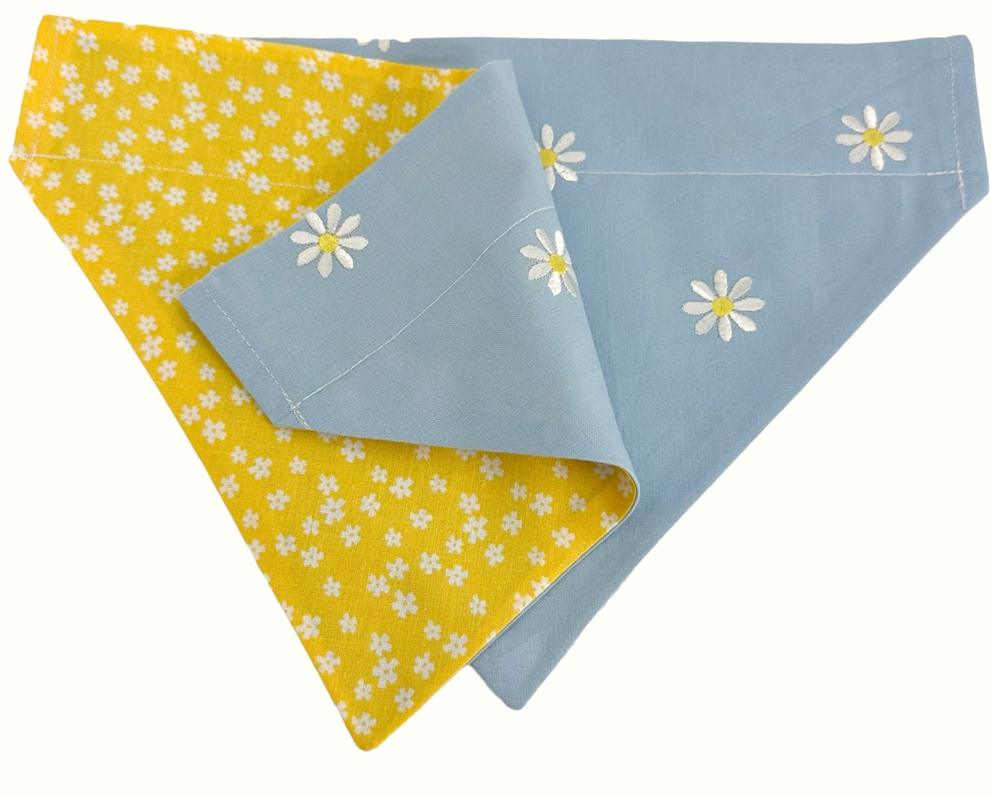 White Embroidered Daisies on Blue and Mini Flowers Handmade Reversible Slip-on Bandana