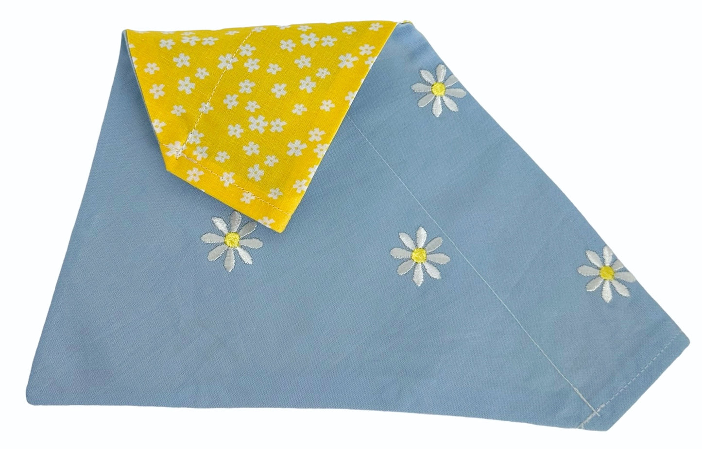 White Embroidered Daisies on Blue and Mini Flowers Handmade Reversible Slip-on Bandana