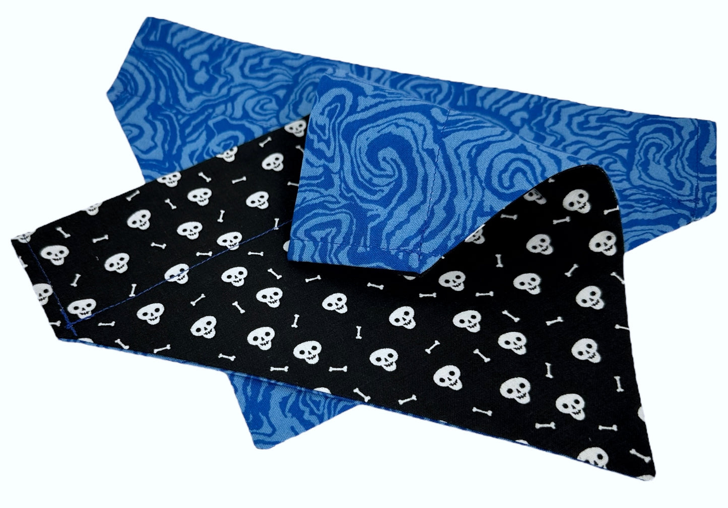 Geode Blue and Glow-in-the-Dark Bones Handmade Reversible Slip-on Bandana