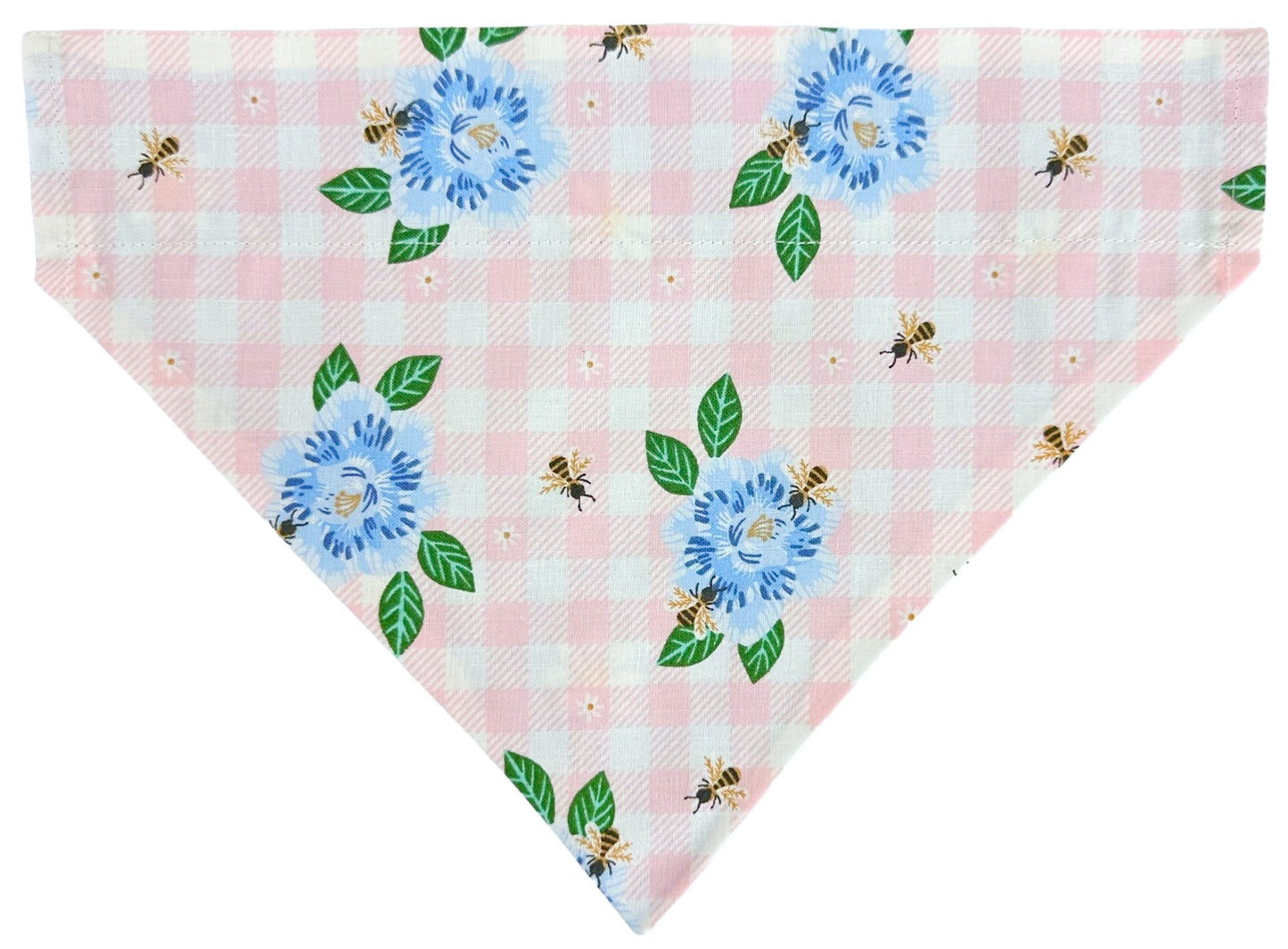 White Embroidered Daisies on Blue and Pink Picnic Handmade Reversible Slip-on Bandana