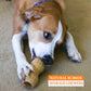 Image of a medium sized brown and white dog enjoying, playing with a tan peanut shaped dog chew toy filled with peanut butter. There's text on image that reads, "natural rubber, average chewers".