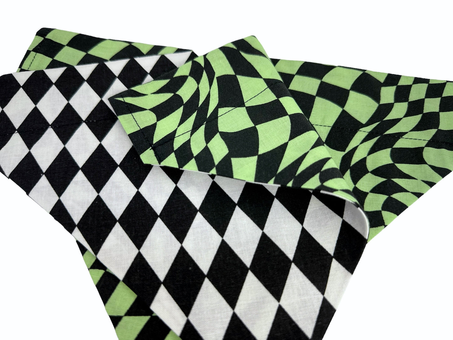 Harlequin and Warped Plaid Handmade Reversible Slip-on Bandana