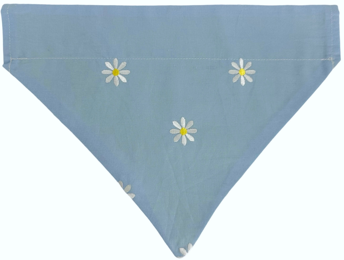 White Embroidered Daisies on Yellow and Blue Handmade Reversible Slip-on Bandana