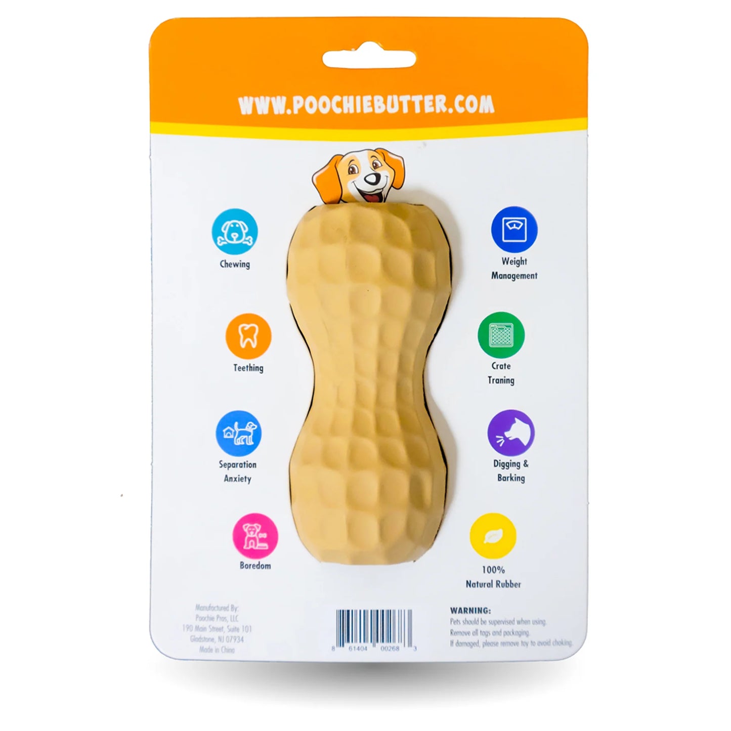 Back of tan peanut shaped chew toy filler for dogs in carboard packaging. Package shows benefits of toy including: chewing, teething, separation anxiety, boredom, weight management, crate training, digging & barking. There is a warning label that reads, "pets should be supervised when using. Remove all tags & packaging. If damaged, please remove toy to avoid choking". 