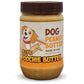 Jar of dog safe peanut butter. Shows made in the USA net wt 16oz. Label has picture of dog with a smile, holding a bottle of the peanut butter.