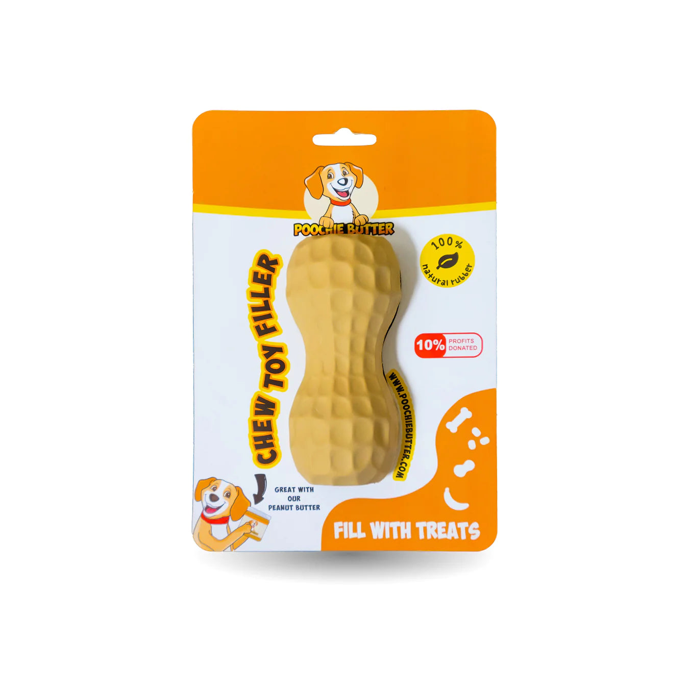 Front of tan peanut shaped chew toy filler for dogs in carboard packaging. Package states, 100% natural rubber and fill with treats.