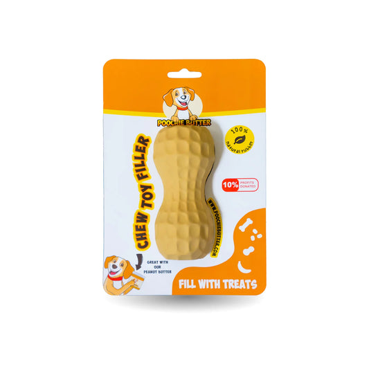 Front of tan peanut shaped chew toy filler for dogs in carboard packaging. Package states, 100% natural rubber and fill with treats.